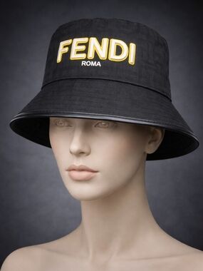 Fendi Black Bucket Hat with Yellow Logo